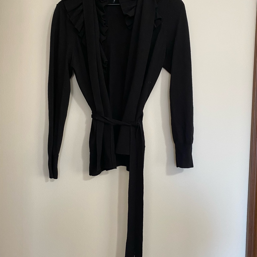 Ellie Tahari Black Ruffled Cardigan with Belt